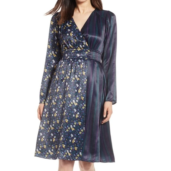 Halogen Dresses & Skirts - Halogen mixed print plaid floral satin midi dress